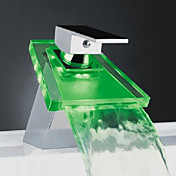 Color Changing LED Waterfall Bathroom Sink Faucet with Glass Spout