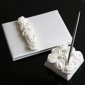 Wedding Guest Book and Pen Set With  Decorative White Silk Roses