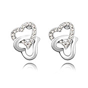Double Heart Stud Earrings In Crystal And Platinum Plated Alloy