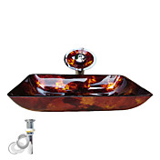 gouden gehard glazen vat wastafel met waterval kraan, pop - up afvoer en montage ring