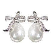 Unique White Platinum Plated With Oval Shape Pearl Earrings