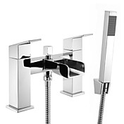 Contemporary Centerset Double Handles Bridge Solid Brass Tub Faucet with Hand Shower - Chrome Finish
