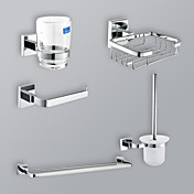 Chrome Finish 5-Piece Bathroom Hardware Accessory Set With Rectangular Wire Basket Holder Soap Dish
