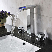 Two Handles Color Changing LED Waterfall Widespread Bathroom Sink Faucet-Chrome Finish(Tall)