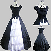 Manica corta piano di lunghezza abito nero in raso di cotone Country Lolita
