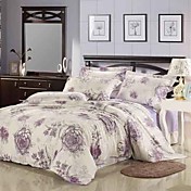 4PCS Purple Rose Print Polyester Full Duvet Cover Set