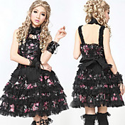 Sleeveless Short Black and Pink Floral Cotton Gothic Lolita Dress with Lace