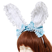 Handmade White Bunny Ears Blue Bow Cotton Country Lolita Headband