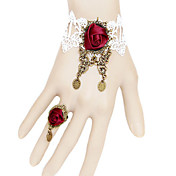 Handmade Red Rose White Lace Aristocrat Lolita Bracelet with Ring