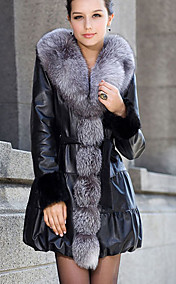 Shawl Collar Long Sleeve Lambskin Leather Casual Coat With Pockets/Belt