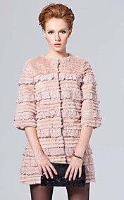 3/4 Sleeve Collarless Rex Rabbit Fur Casual/Party Coat With Lace Trim (More Colors)