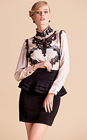 TS Contrast Color Lace Decor Stand Collar Blouse Shirt