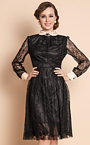 TS Contrast Lapel Slim Waist Swing Lace Dress