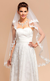 Two-tier Fingertip Wedding Veils With Finished/Lace Applique Edge