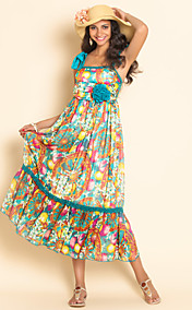 TS Print Blue Strap Chiffon Midi Dress