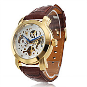  Full Automatic Mechnical Brown Leather Band Wrist Watch with Silver Hollow Engraving Dial