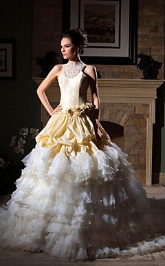 Ball Gown Jewel Chapel Train Taffeta Organza Tiered Wedding Dress