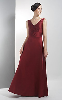A-line V-neck Floor-length Satin Bridesmaid/ Wedding Party Dress