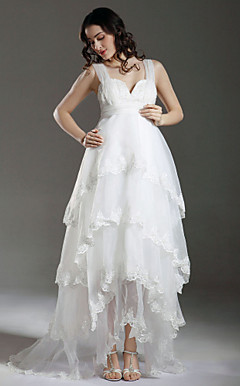 Sheath/ Column Empire Straps Sweep/ Brush Train Satin Organza Maternity Wedding Dress