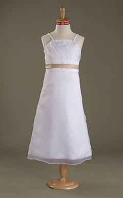 A-line Spaghetti Straps Tea-length Satin Organza Junior Bridesmaid Dress