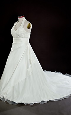 A-line Halter Court Train Satin Organza Plus Size Wedding Dress