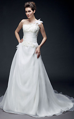 A-line One Shoulder Court Train Organza Wedding Dress