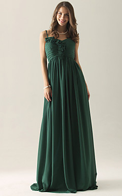 Empire A-line Spaghetti Straps Floor-length Chiffon Over Elastic Satin Bridesmaid/ Wedding Party Dress
