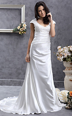 Sheath/ Column Scoop Sweep/ Brush Train Elastic Silk-like Satin Wedding Dress