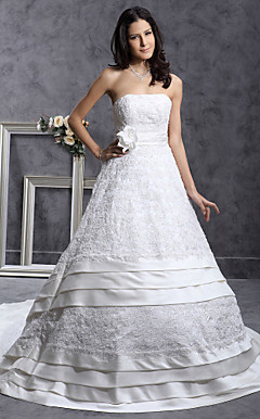 A-line Strapless Chapel Train Satin Tiered Wedding Dress With Beaded Appliques