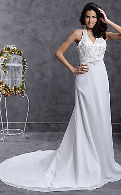 Chiffon Sheath/Column Wedding Dress with Beaded Embroidered and Button Back
