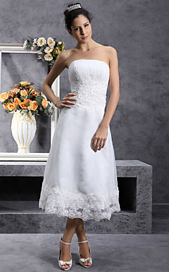 A-line Strapless Tea-length Organza Wedding Dress