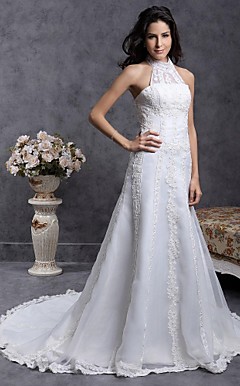 A-line High Neck Court Train Organza Over Satin Wedding Dress