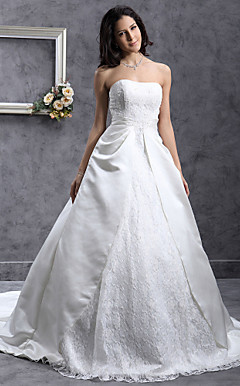 A-line Sweetheart Chapel Train Satin Lace Wedding Dress with Split Front