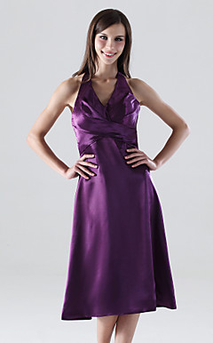 A-line Halter Tea-length Stretch Satin Bridesmaid/Wedding Party Dress