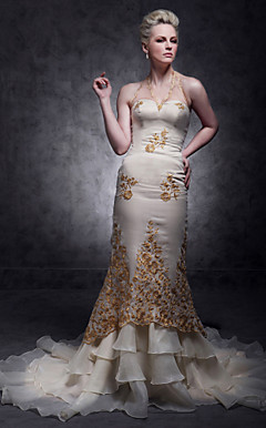 Trumpet/ Mermaid Halter Court Train Satin/ Organza Evening/ Prom Dress