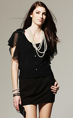 ombro manga chiffon capa frisado cardigan
