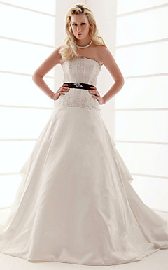 A-line Scalloped- Edge Neckline Court Train Taffeta Pick-up Wedding Dress