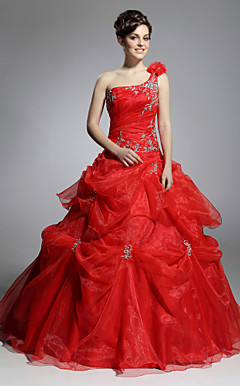 Ball Gown One Shoulder Floor-length Satin Organza Evening/ Prom Dress