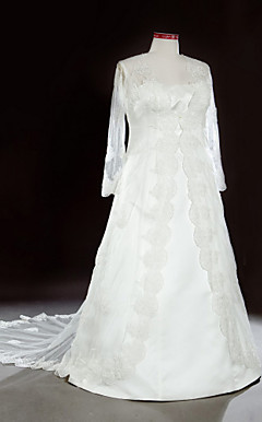 A-line Chapel Train Lace Satin Plus Size Wedding Dress
