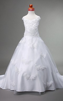 A-line Straps Court Train Satin Flower Girl Dress