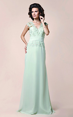 A-line V-neck Floor-length Chiffon Mother of the Bride Dress With Appliques