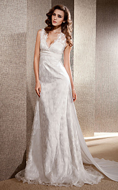 A-line V-neck Chapel Train Lace Chiffon Wedding Dress