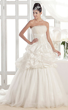 Attractive A-line Strapless Court Train Taffeta Tulle Wedding Dress