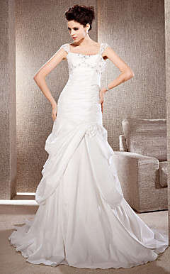 A-line Court Train Taffeta And Tulle Wedding Dress With Straps