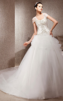 A-line With Straps Chapel Train Satin And Tulle Wedding Dress