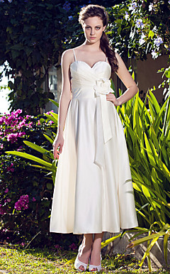 A-line Spaghetti Straps Tea-length Satin Wedding Dress
