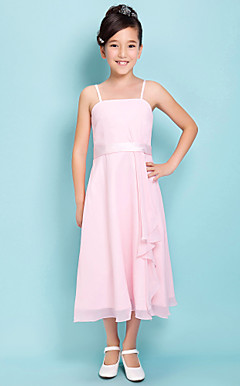 Sheath/Column Spaghetti Straps Tea-length Satin Chiffon Junior Bridesmaid Dress