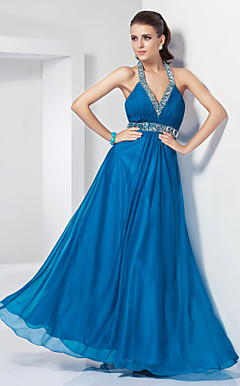 A-line Halter Floor-length Chiffon Evening Dress