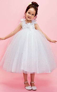 Ball Gown V-neck Tea-length Tulle Over Taffeta Flower Girl Dress