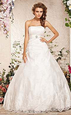 bola vestido strapless do assoalho-comprimento do laço vestido de noiva de cetim